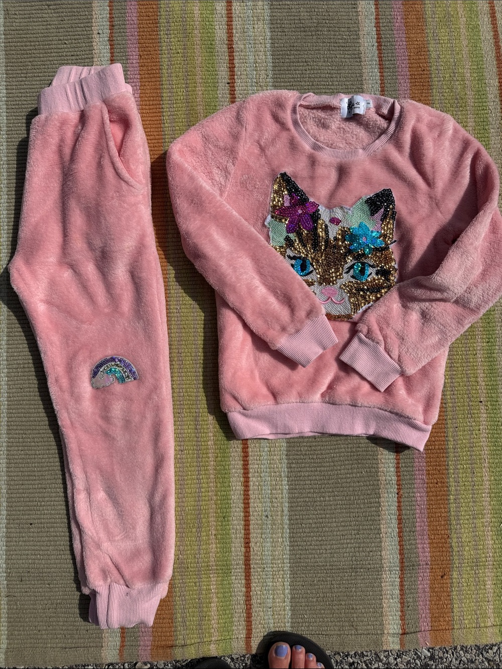 Lola + The Boys Pink Plush Cat Sequin Sweatshirt & Joggers